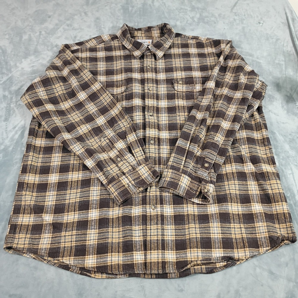 Carhartt Mens 3XL Brown Plaid Flannel Long Sleeve Button Down Work Shirt Cotton